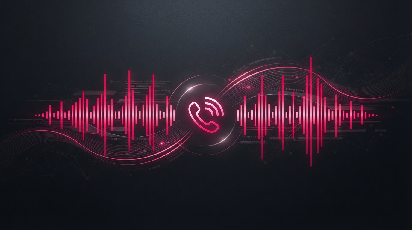 Abstract visualization of voice AI for business with sound waveform bars and a phone-call motif in magenta on a dark background.