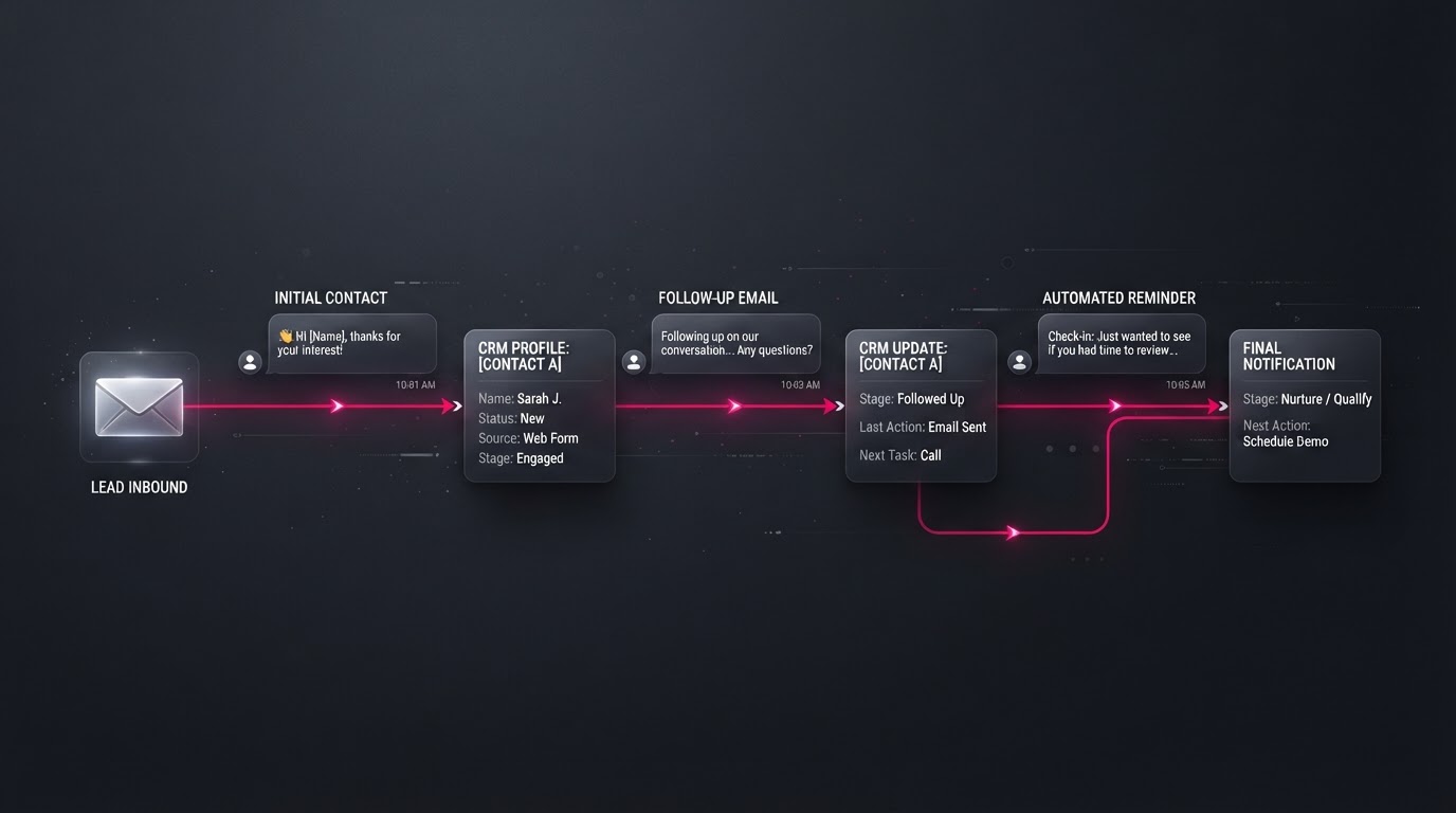 Abstract visualization of AI automation reducing repetitive business work with flowing connected nodes and magenta accent lines.