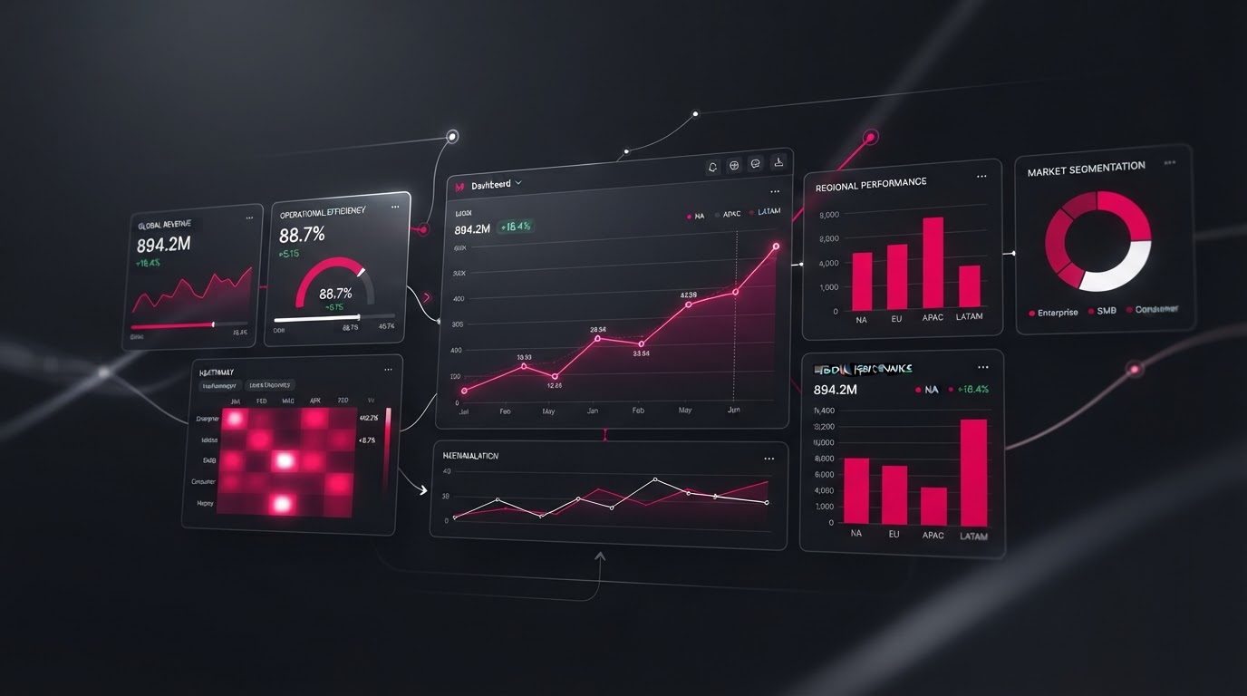 Abstract visualization of business analytics and reporting automation with dashboard panels, charts, and KPI cards in magenta on a dark background.