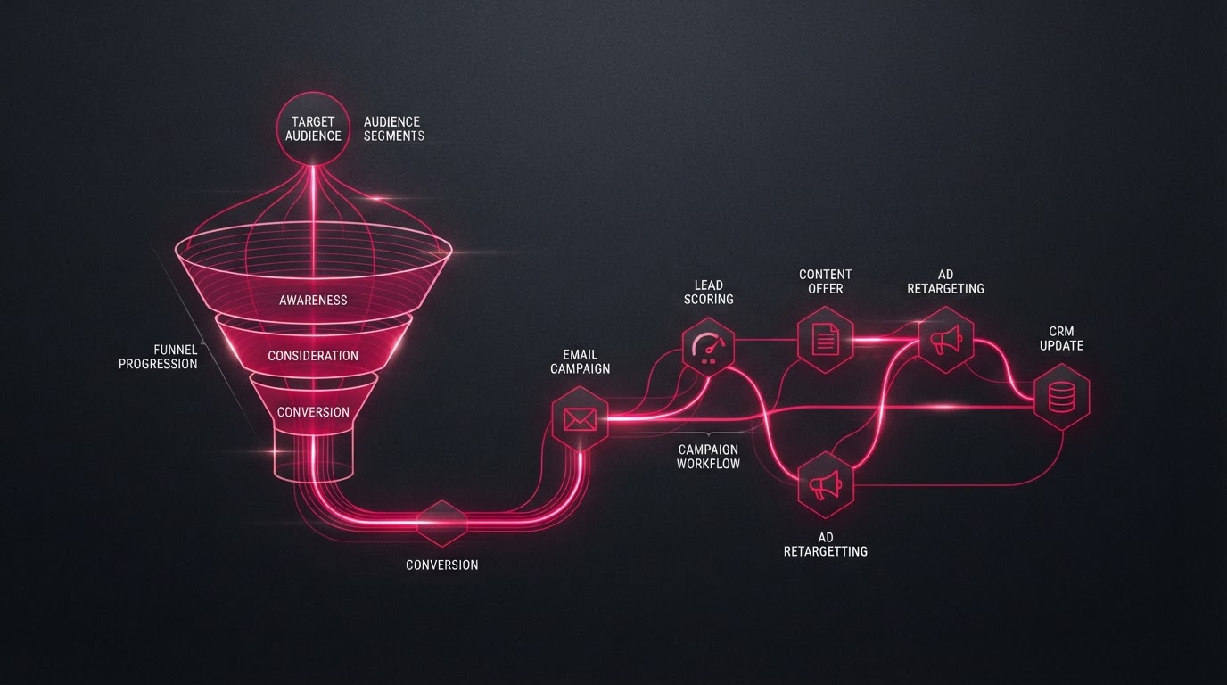 Abstract visualization of marketing automation with funnel and campaign-flow elements connected by magenta glowing lines on a dark background.