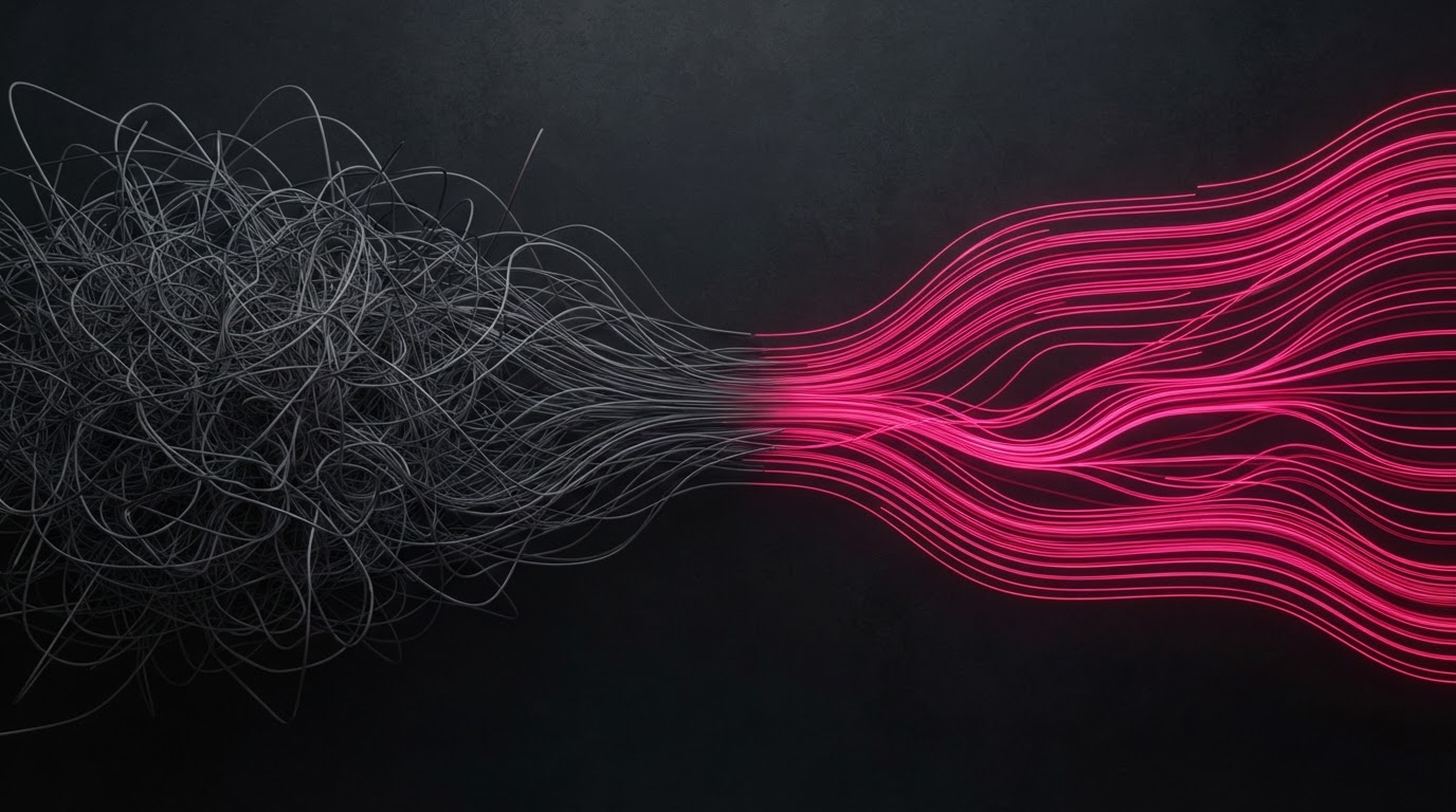 Abstract visualization of digital transformation with a transition from tangled gray lines on the left to organized magenta flowing lines on the right.