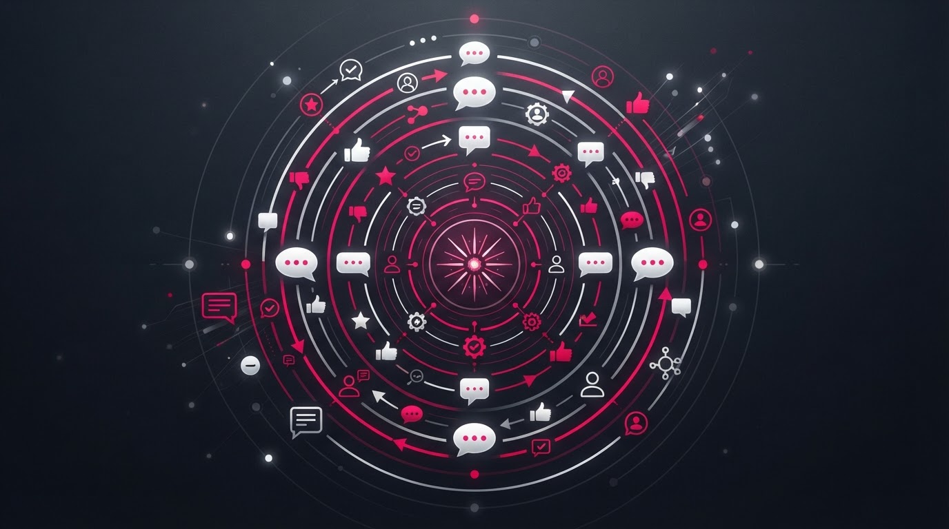 Abstract visualization of customer experience automation with concentric rings of chat bubbles and feedback icons in magenta on a dark background.