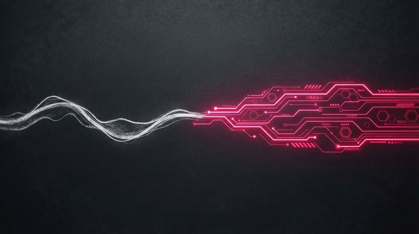 Abstract visualization of human insight combined with AI — a hand-drawn sketch line merging into a precise glowing magenta digital circuit line.