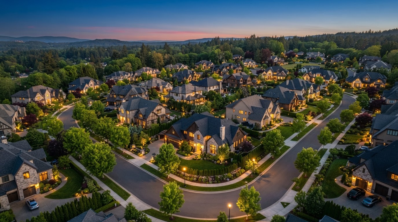 Aerial twilight view of a luxury residential real estate neighborhood