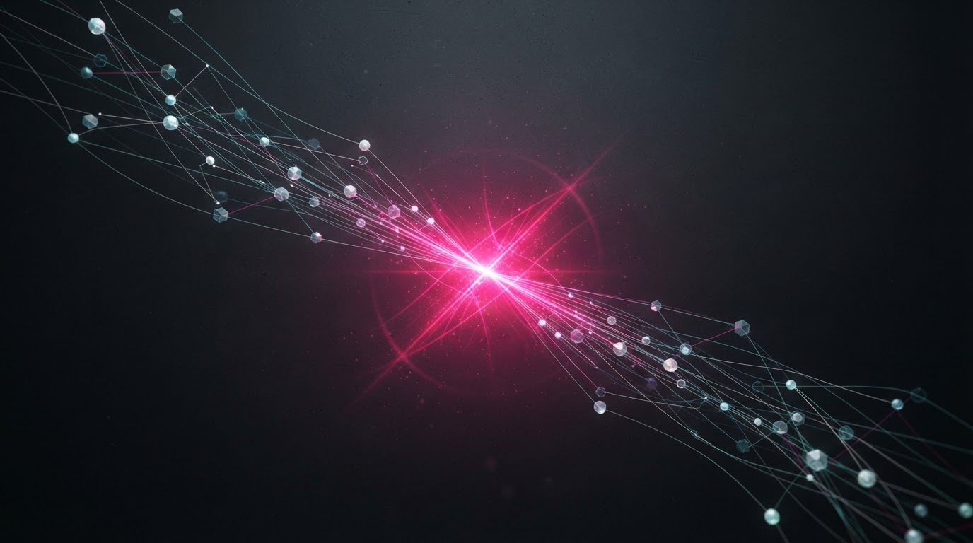 Abstract visualization of an AI automation strategy consultation with converging workflow streams meeting at a magenta intersection point.