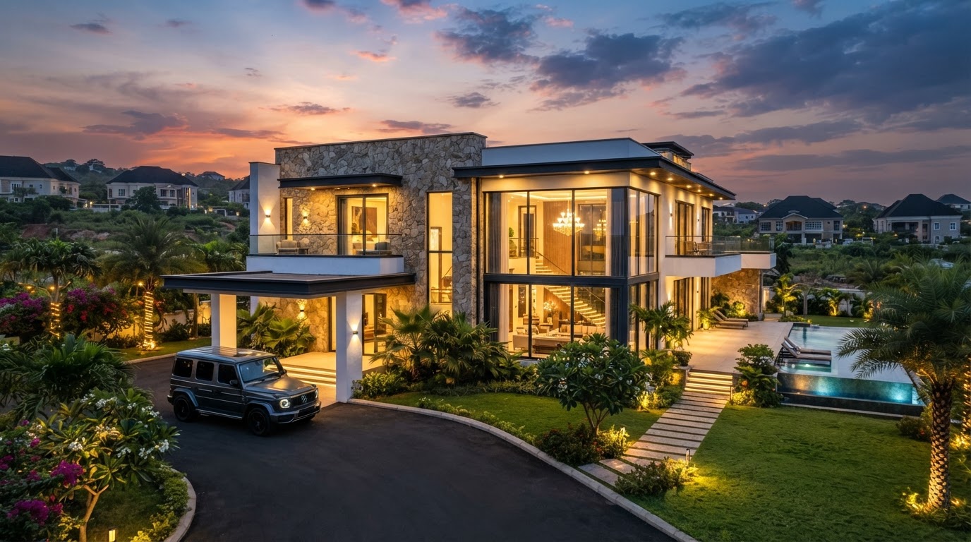 Boing Luxury Estates contemporary villa at dusk in Abuja