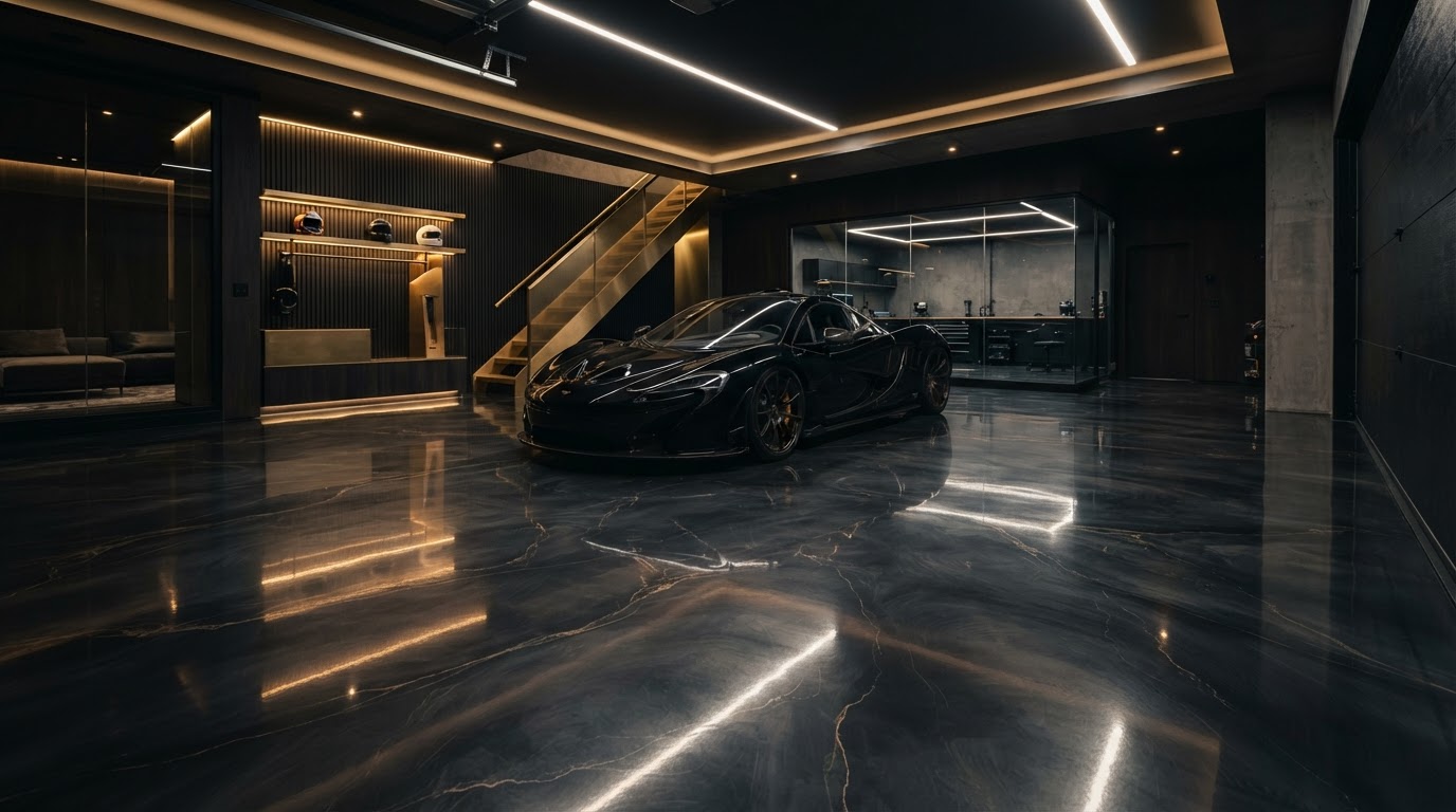 Seamless high-gloss epoxy floor in a transformed garage