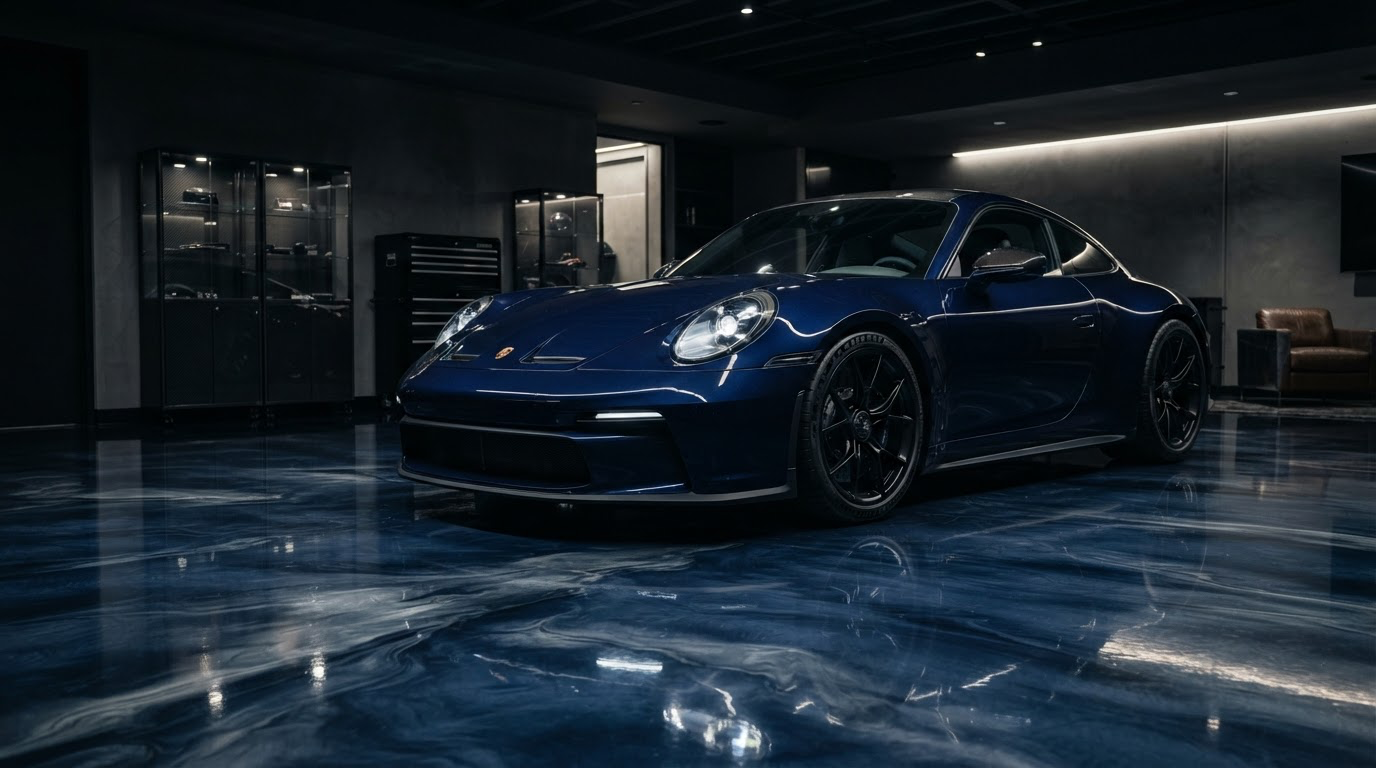 Luxury garage with a seamless high-gloss epoxy floor