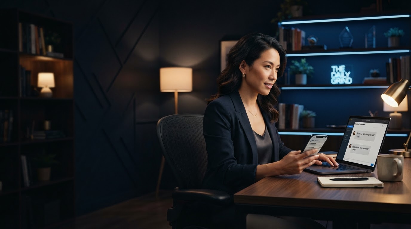 A local business owner reviewing customer messages on a laptop and phone