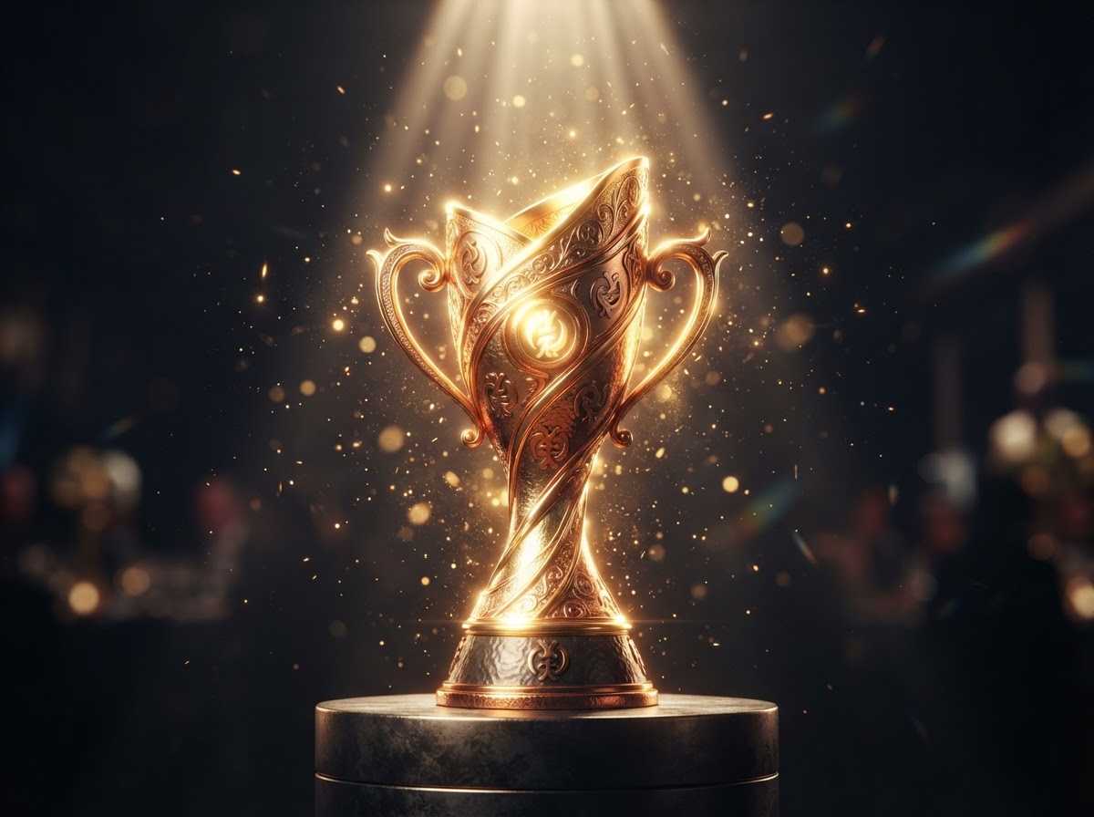 Trophée doré lumineux baigné de faisceaux de projecteurs