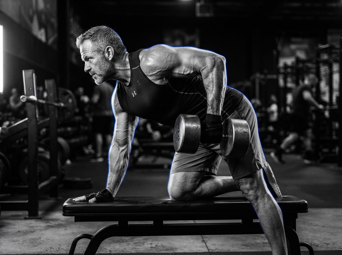 A man in his late 40s training with dumbbells in a modern gym