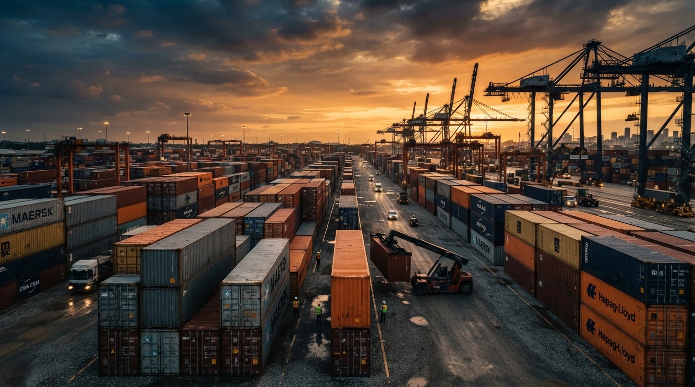 Stacked shipping containers in a logistics yard at golden hour