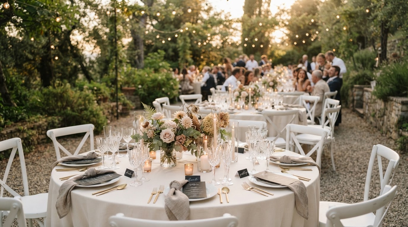Elegant outdoor wedding reception with ivory linens, white chairs, and warm candlelight