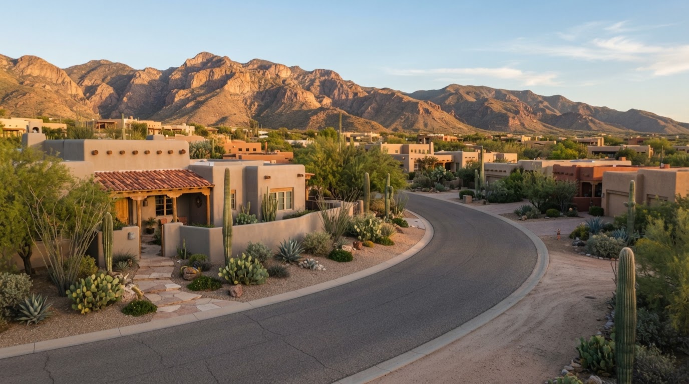 A quiet Tucson neighborhood of stucco homes with tile roofs and desert landscaping at golden hour