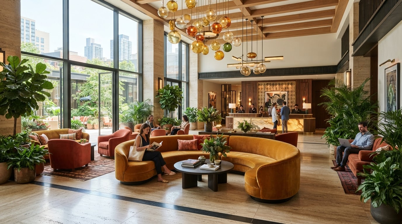 Hotel lobby with statement lighting and natural materials.