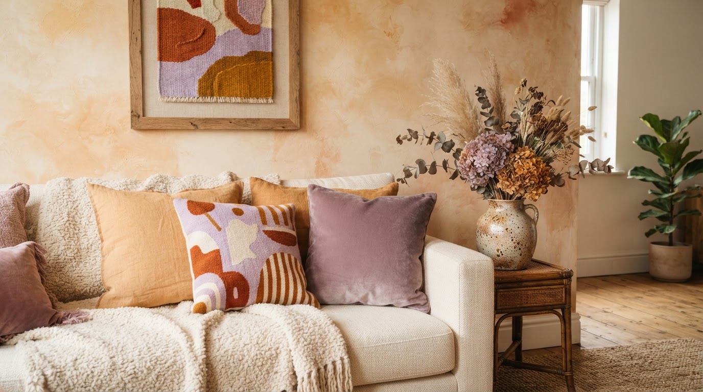 Warm amber tones and layered textures for a residential living space.