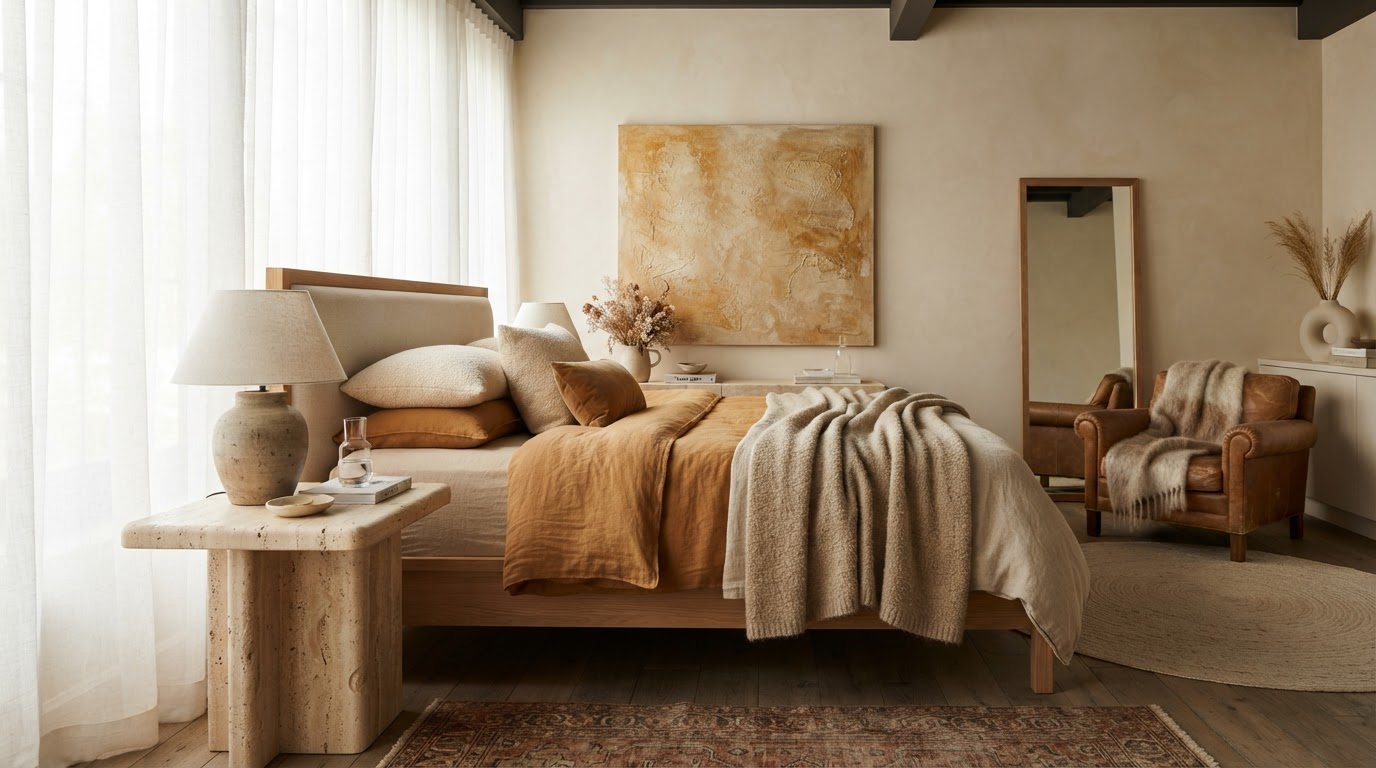 Stone, linen and soft lilac — materials that bring calm to a bedroom.