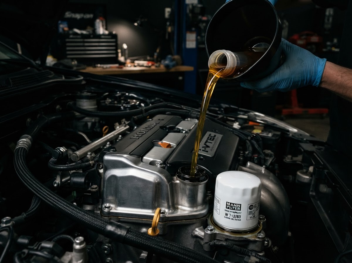 Fresh engine oil and a new filter after an oil change service