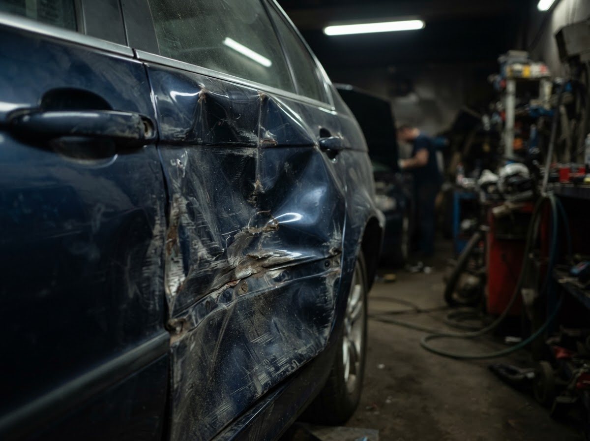 Dented, damaged body panel before bodywork