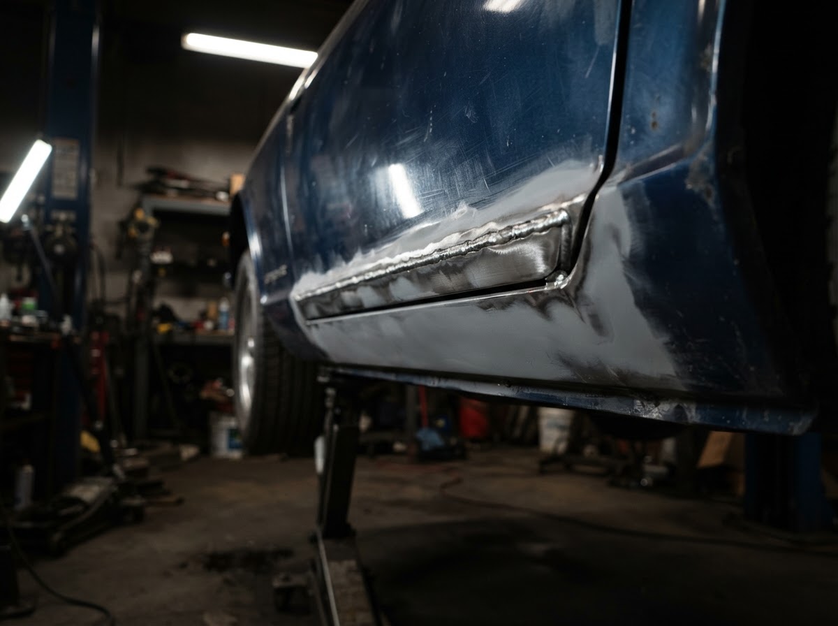Repaired and prepped rocker panel after metalwork