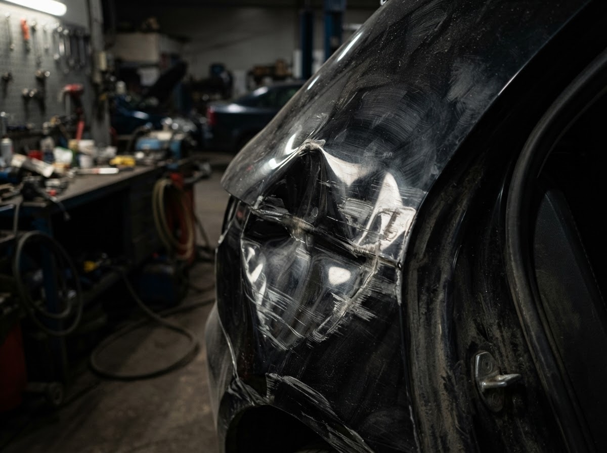 Vehicle body panel with visible dent and damage before repair