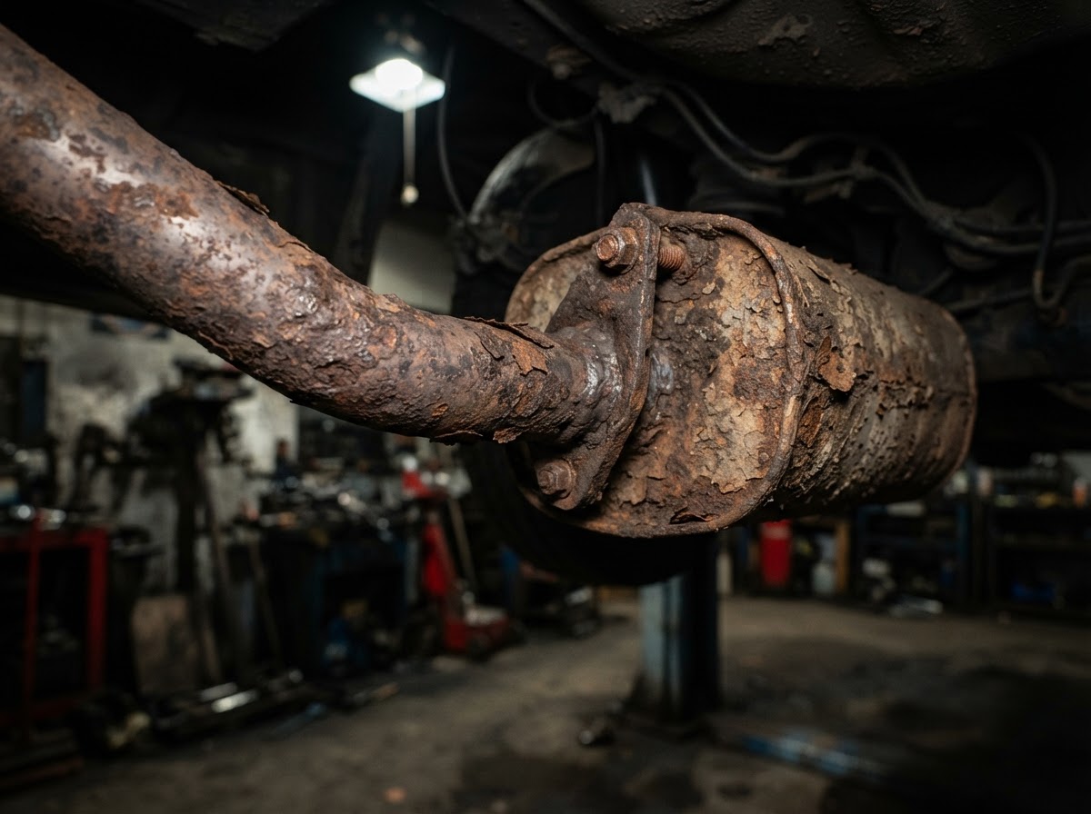 Rusted, corroded exhaust piping before repair