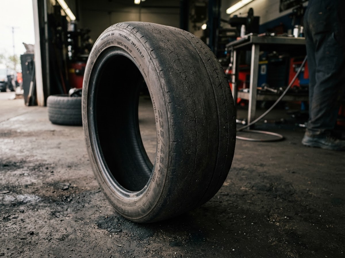 Worn, cracked tire tread before replacement
