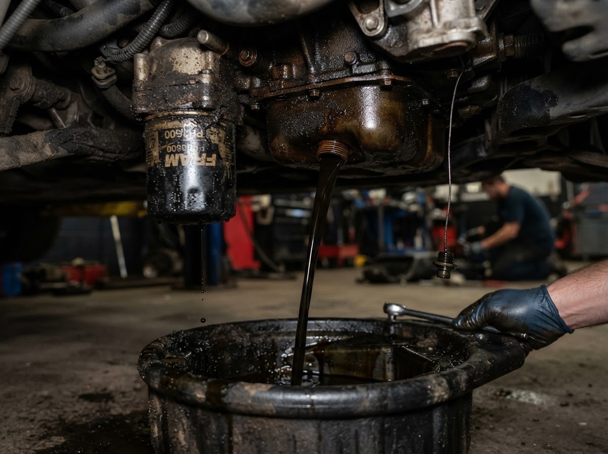 Old, degraded engine oil and a dirty filter before an oil change