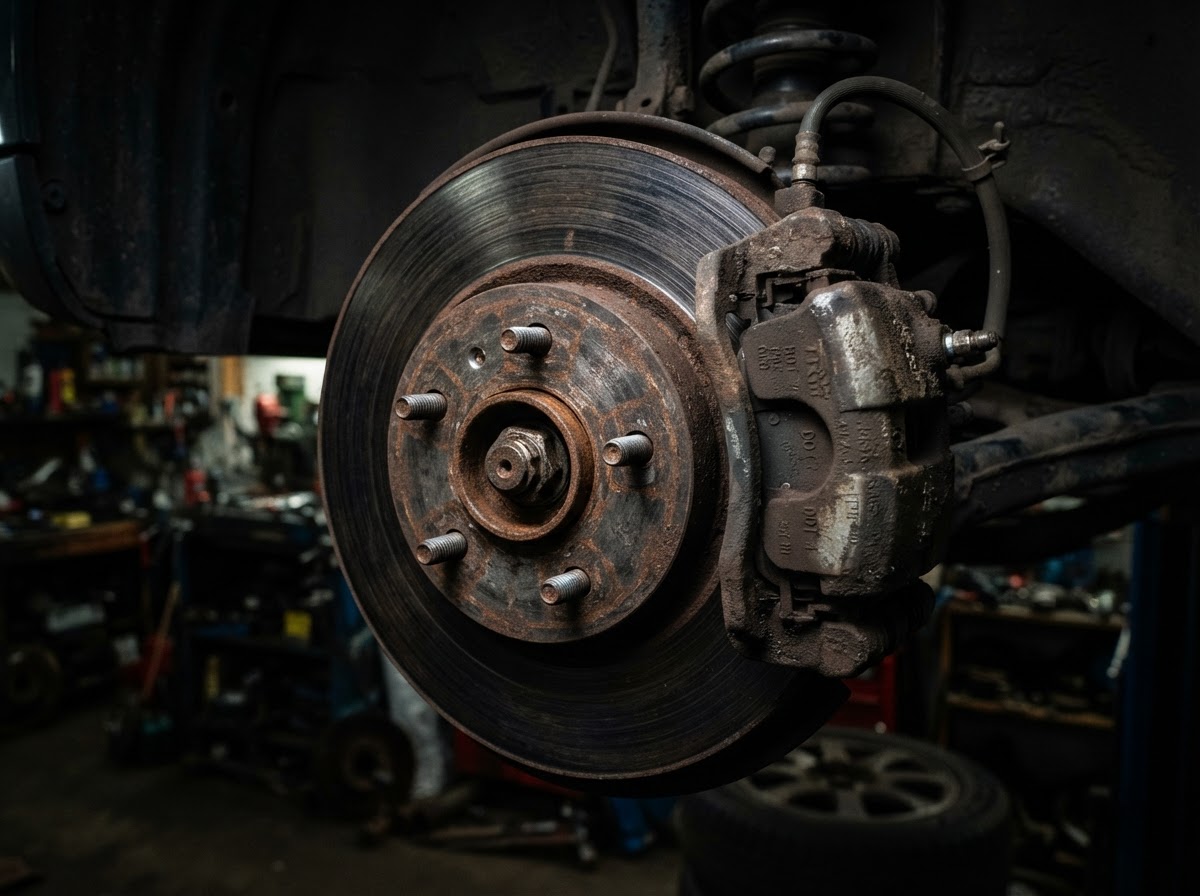 Worn, scored brake component before mechanical repair