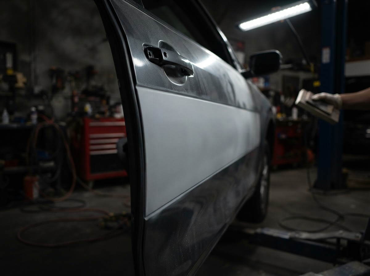 Straightened, prepped body panel after bodywork