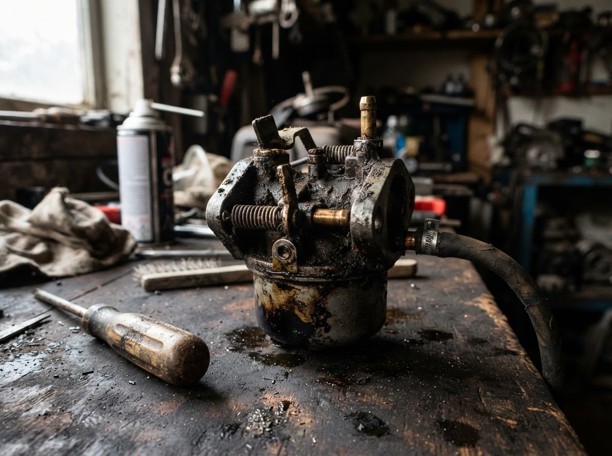 Dirty, varnished small-engine carburetor before service