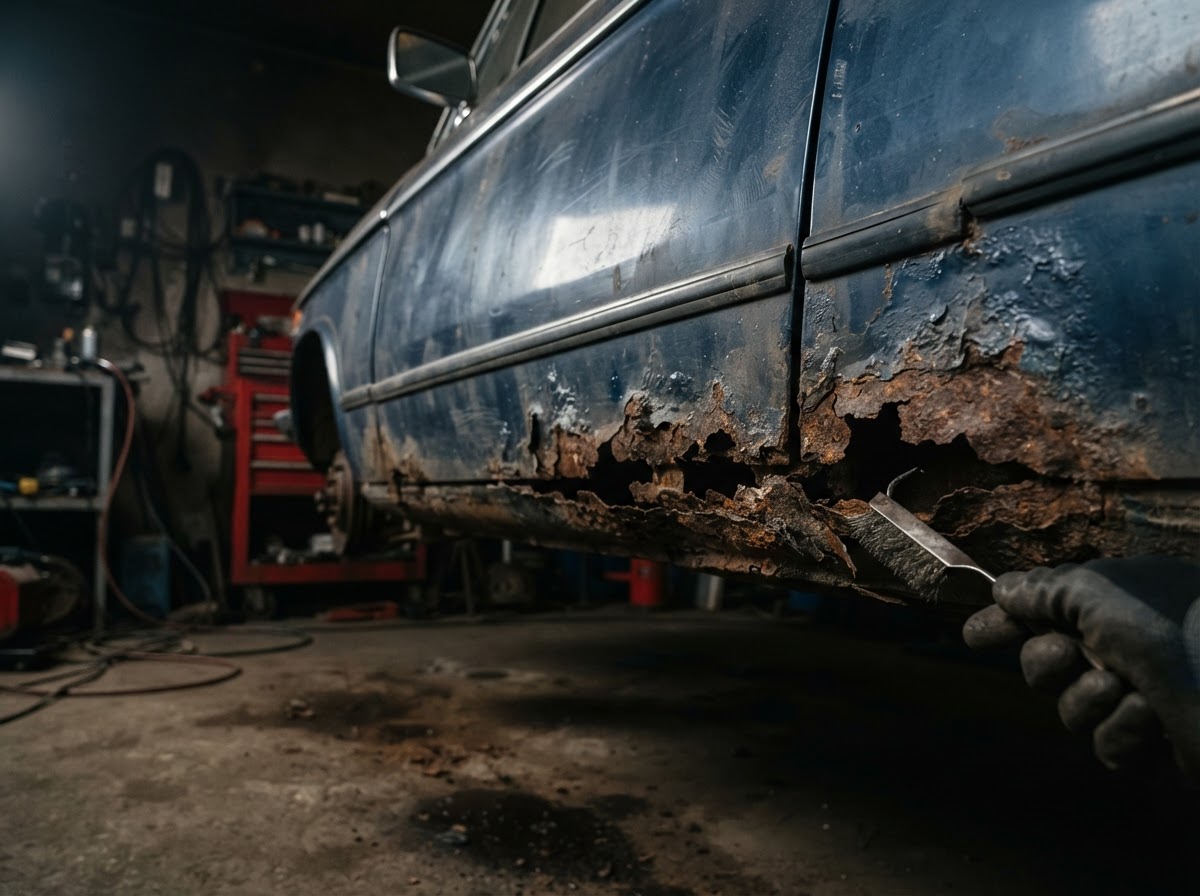 Corroded rocker panel with rust before metalwork