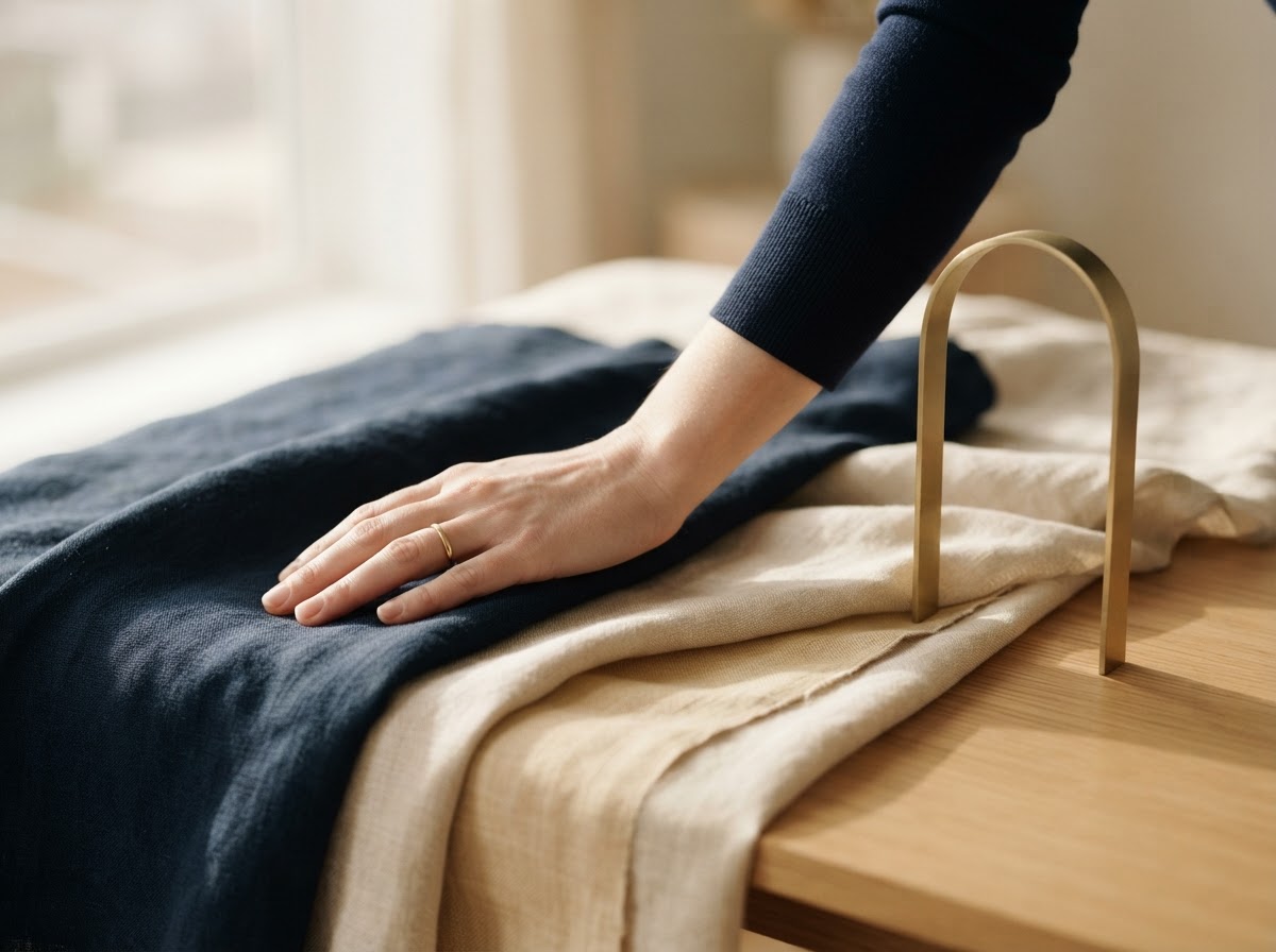 Soft navy and neutral composition evoking calm leadership and inner strength