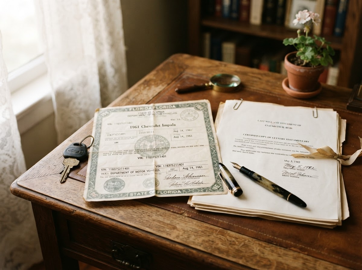 Estate and inherited vehicle title paperwork with a fountain pen