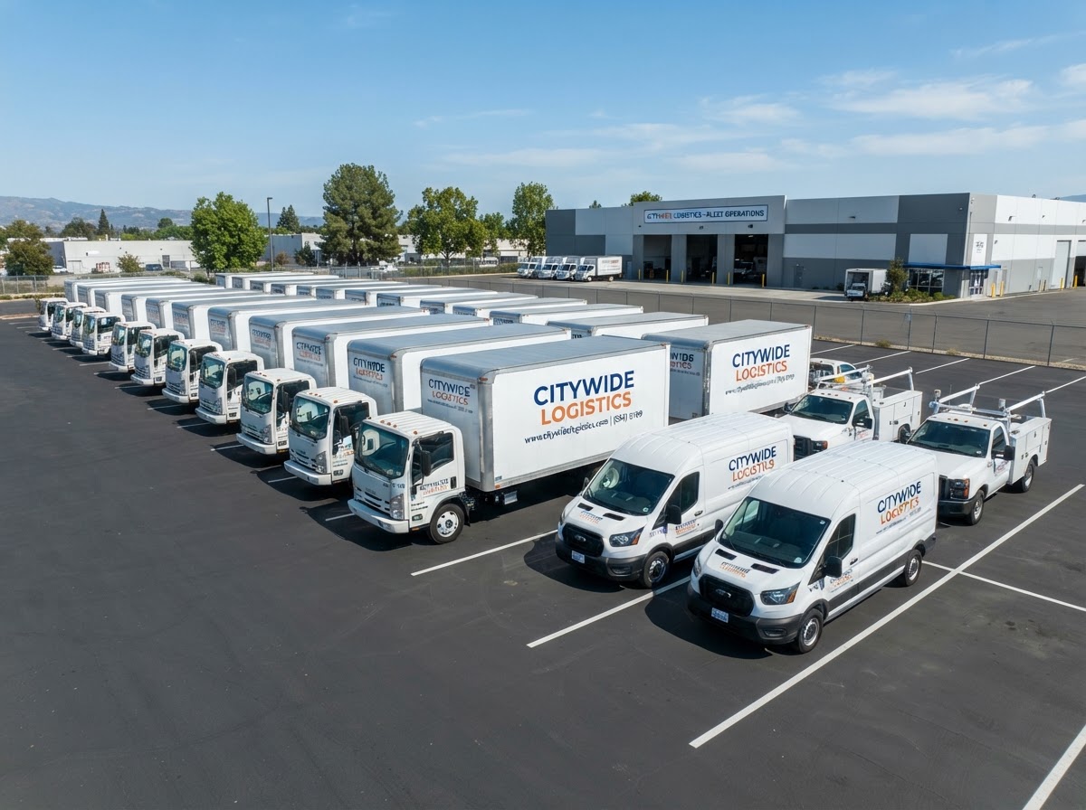 Commercial fleet trucks lined up under a clear sky
