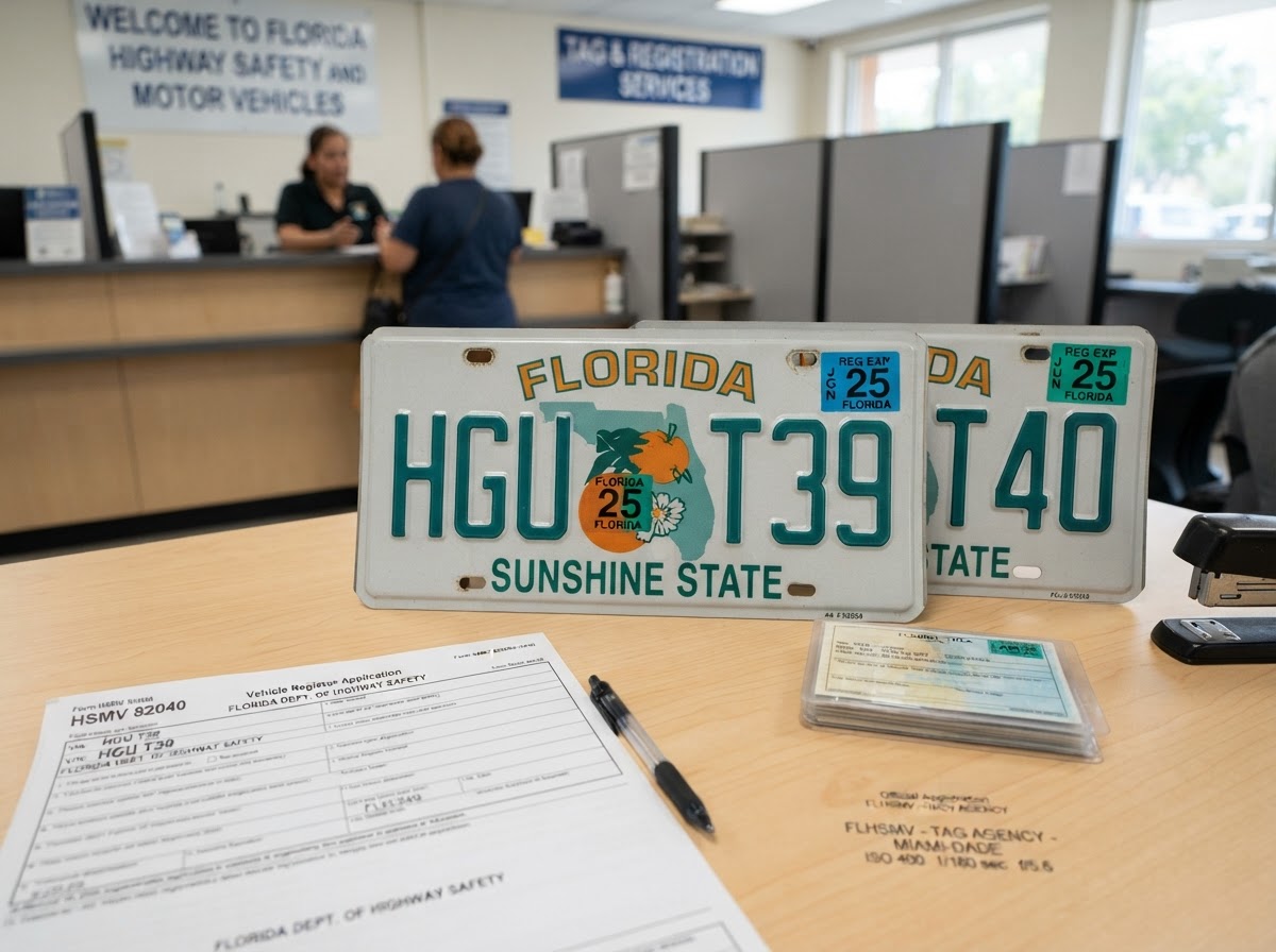 Florida license plates and vehicle registration decals on a desk