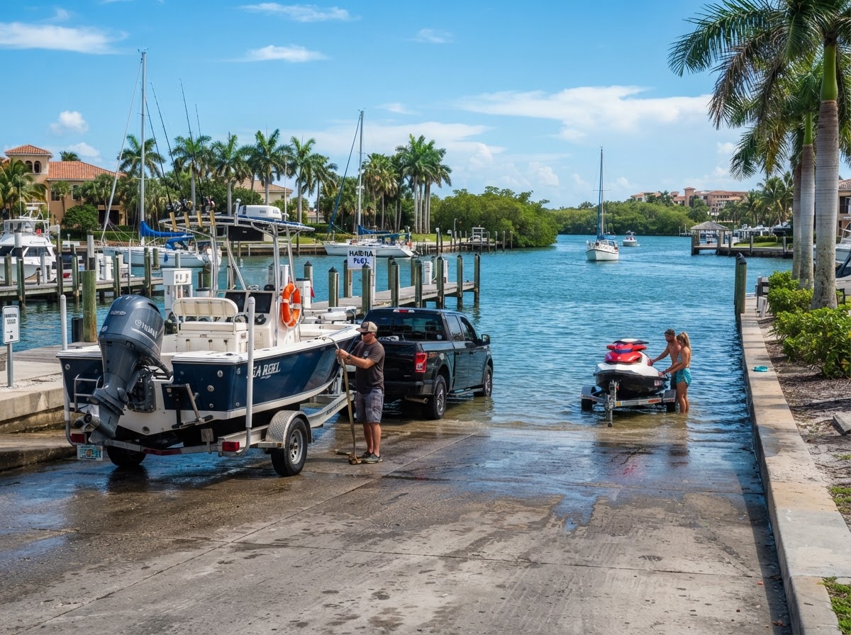 Boat and jet ski at a sunny Florida marina