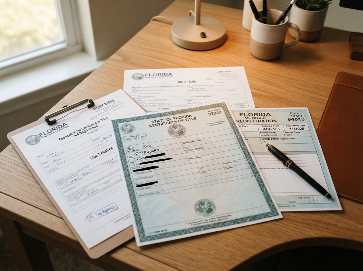 Florida vehicle title certificate and DMV registration paperwork on an office desk