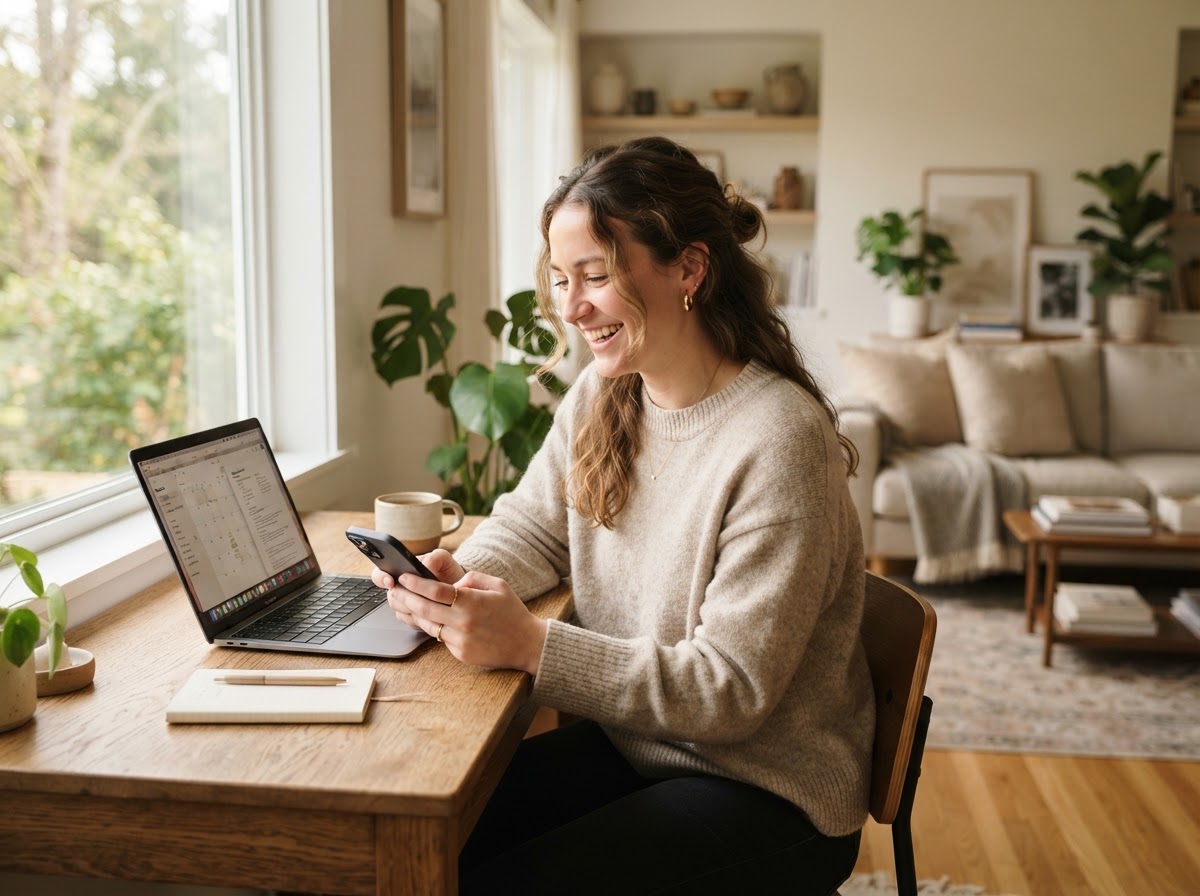 A person smiling while using a phone and laptop