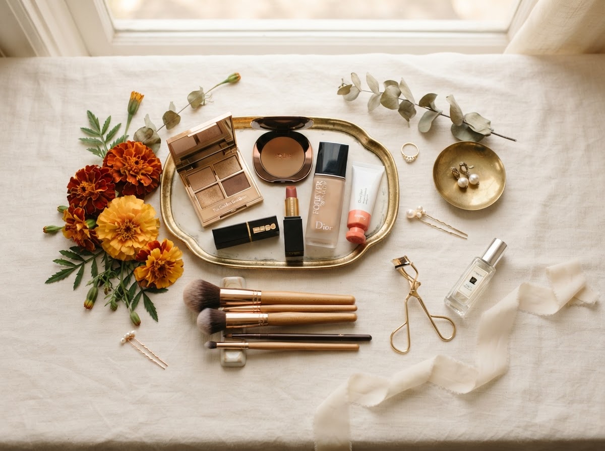 Bridal makeup brushes, palettes and marigold blooms arranged on ivory linen