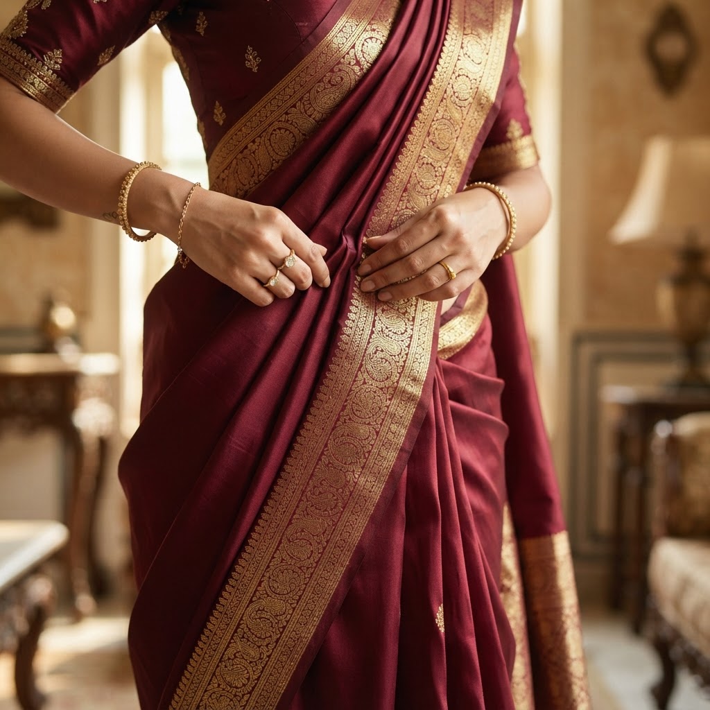 Maroon silk saree with intricate gold border being draped