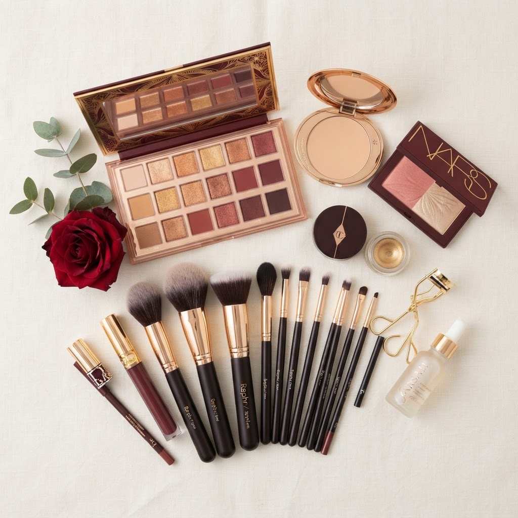 Bridal makeup products and brushes arranged in warm gold and maroon tones