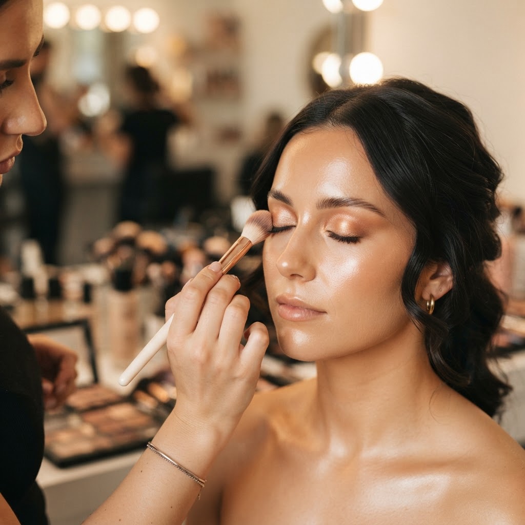 A makeup artist applying glam makeup with a soft brush
