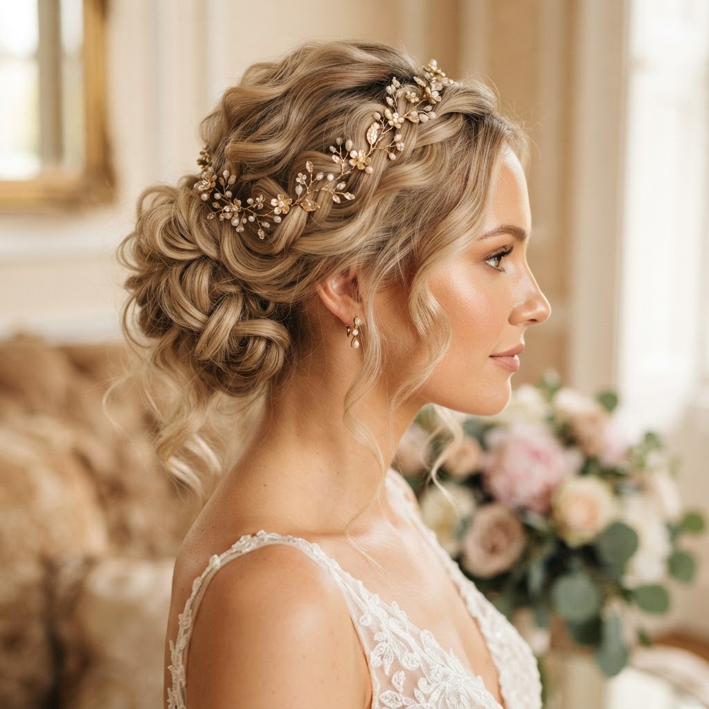 Elegant bridal updo with soft loose curls and gold hair accessories