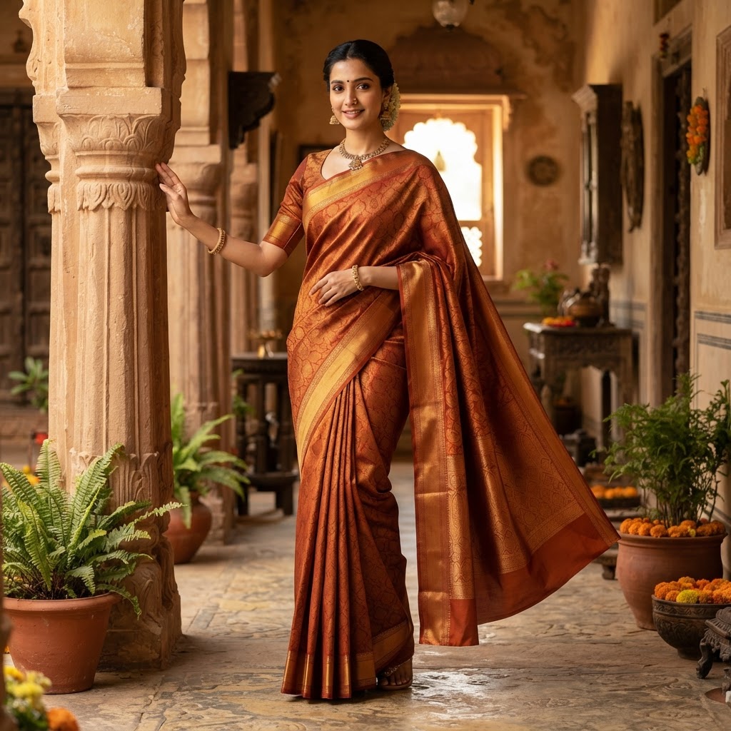 Full-length view of a beautifully draped silk saree with neat pleats
