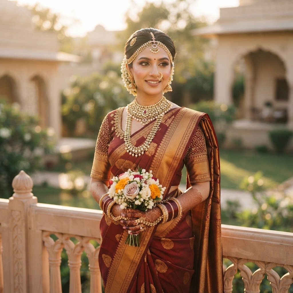 South Asian bride in maroon and gold silk saree with soft bridal makeup