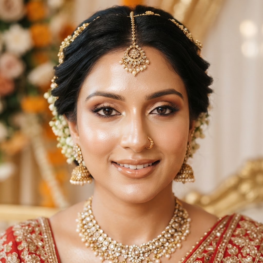 Close-up of bridal makeup with gold accents and luminous skin