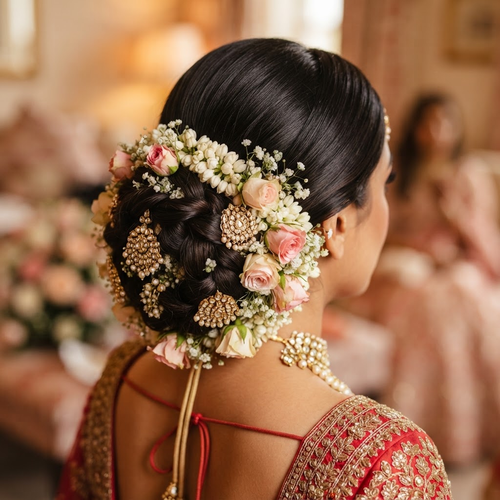 Detailed bridal hairstyle with braided bun and fresh flowers
