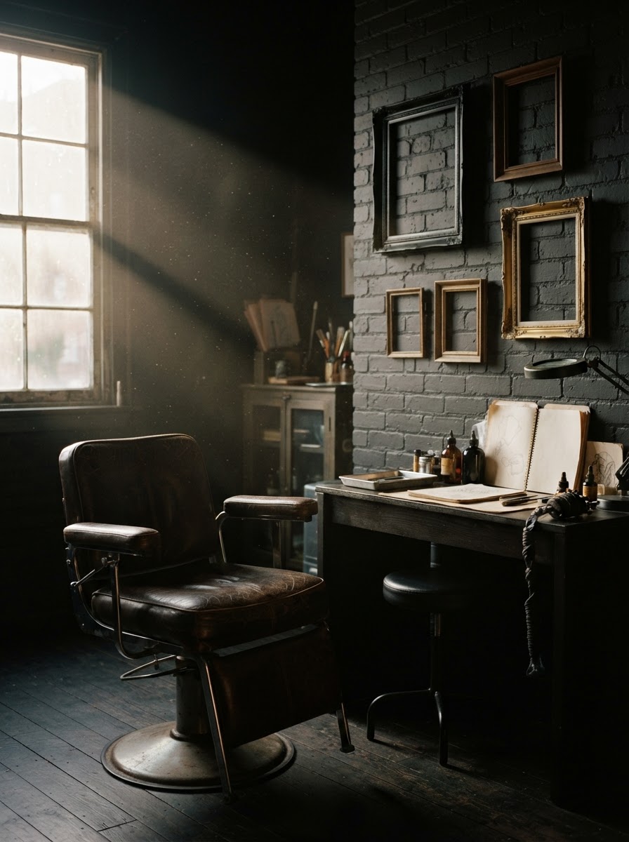 Photo placeholder — drafting desk and ink station. Replace with studio work.