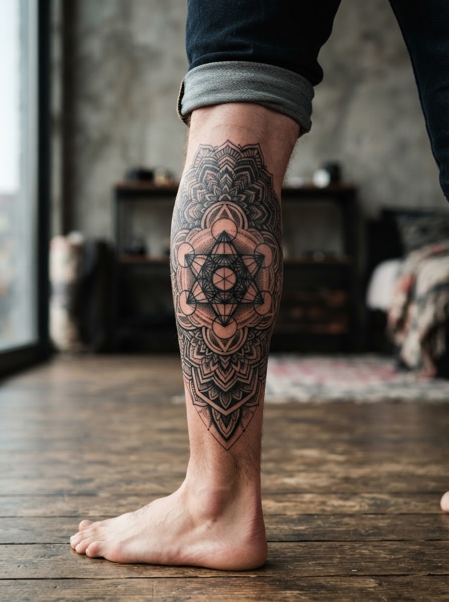Blackwork: Geometric sacred line panel on Calf (fresh).